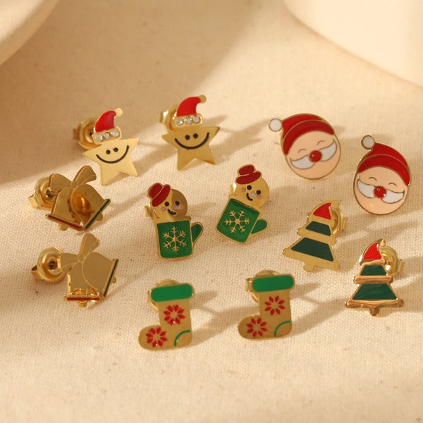 1 Pair Christmas Sweet Minimalist Christmas Tree Santa Claus Enamel 304 Stainless Steel Zircon 14K Gold Plated Ear Studs