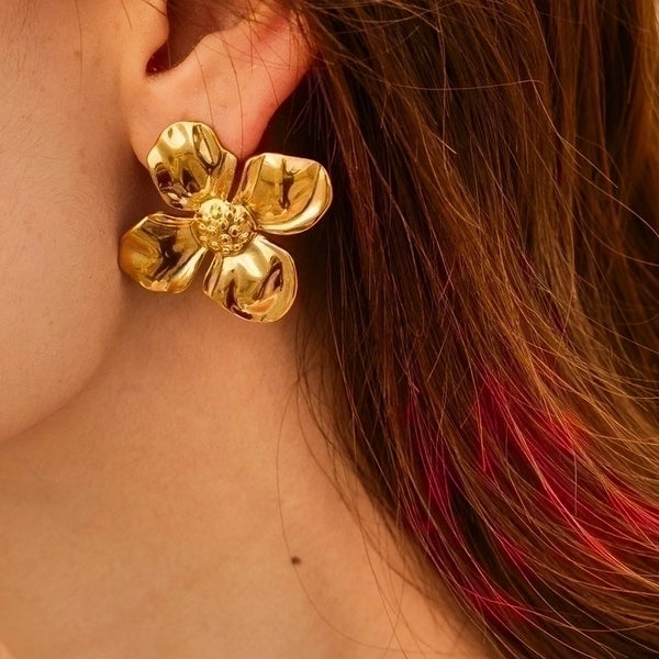 1 Pair Commute Flower Plating Stainless Steel 18k Gold Plated Earrings