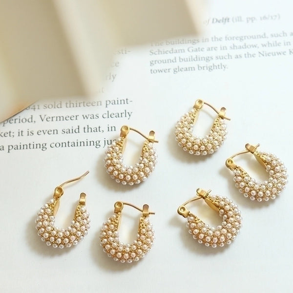 1 Pair Elegant Baroque Style U Shape Titanium Steel Plating Inlay Artificial Pearls 18k Gold Plated Earrings