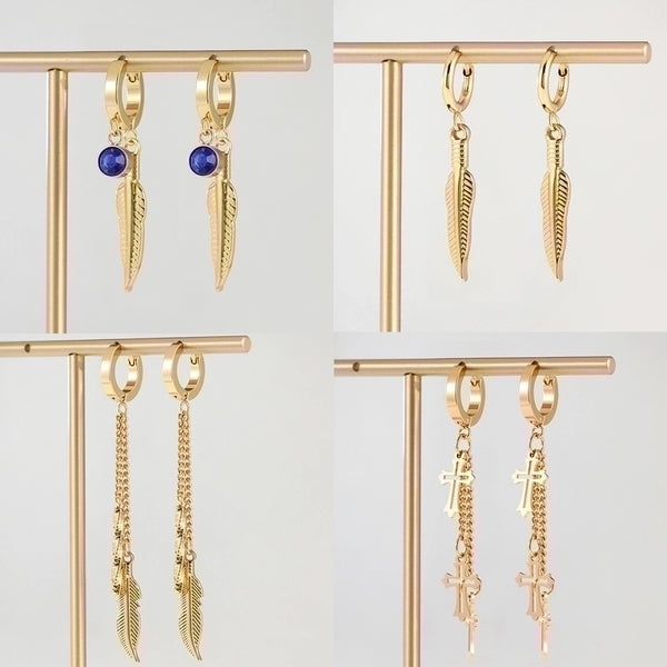 1 Pair Elegant Cross Feather Plating Stainless Steel Tassel 18k Gold Plated Dangling Earrings