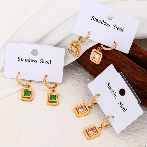 1 Pair Elegant Retro Commute Square Plating Inlay Stainless Steel Zircon 18k Gold Plated Drop Earrings