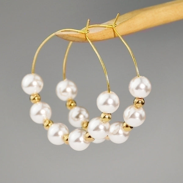 1 Pair Elegant Round Beaded Plating Stainless Steel Artificial Pearl Gold Plated Drop Earrings