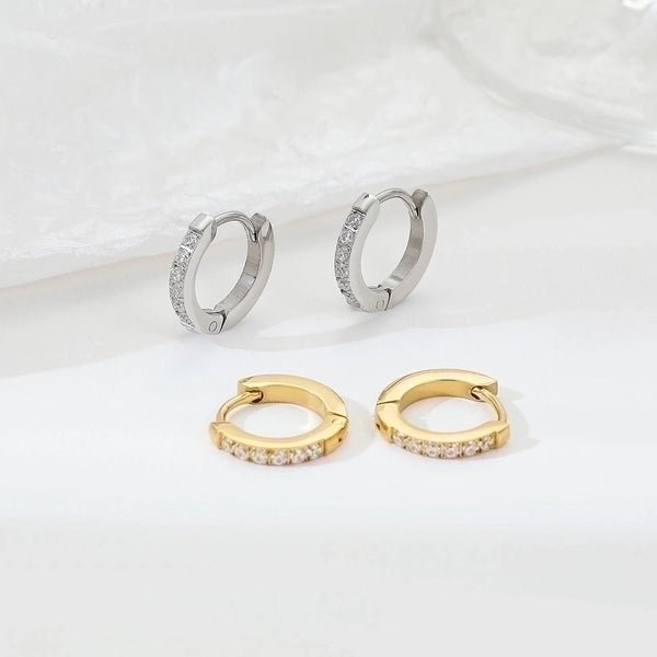 1 Pair Elegant Simple Style Solid Color Inlay Stainless Steel Zircon White Gold Plated Gold Plated Hoop Earrings