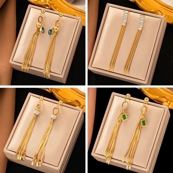 1 Pair Elegant Square Tassel Plating Inlay Titanium Steel Artificial Gemstones 18k Gold Plated Drop Earrings