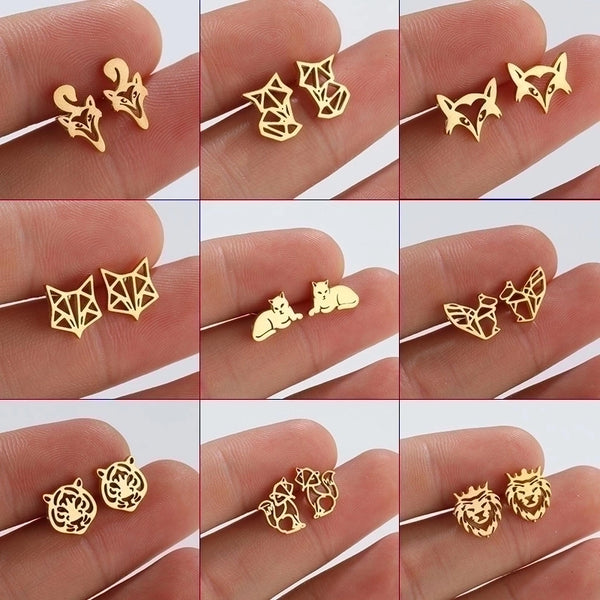 1 Pair Fashion Fox Lion Titanium Steel Plating Hollow Out Ear Studs