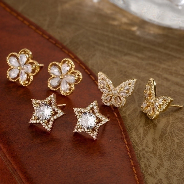 1 Pair Fashion Star Flower Butterfly Inlay Copper Zircon 18k Gold Plated Ear Studs