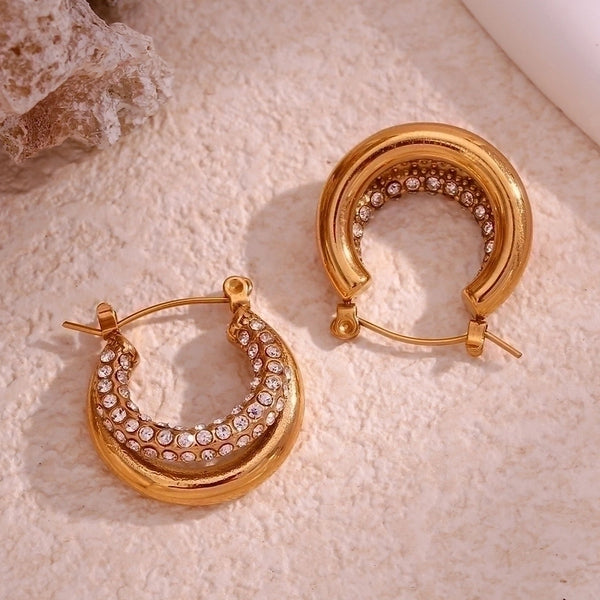 1 Pair French Style Round Stainless Steel Plating Inlay Zircon 18k Gold Plated Hoop Earrings