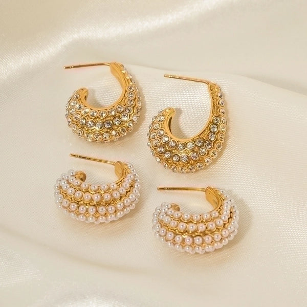 1 Pair Ins Style Streetwear C Shape Plating Inlay Stainless Steel Pearl Zircon 18k Gold Plated Ear Studs