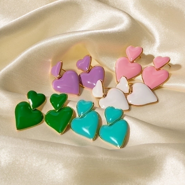 1 Pair Retro Heart Shape Enamel Plating Stainless Steel 18k Gold Plated Drop Earrings