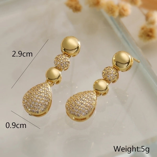 1 Pair Retro Minimalist Commute Round Water Droplets Inlay Copper Zircon 18K Gold Plated Drop Earrings