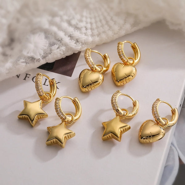 1 Pair Simple Style Commute Star Heart Shape Plating Inlay Copper Zircon 18k Gold Plated Drop Earrings