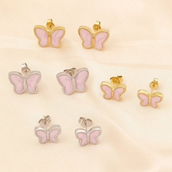 1 Pair Sweet Butterfly Enamel Stainless Steel 18K Gold Plated Ear Studs