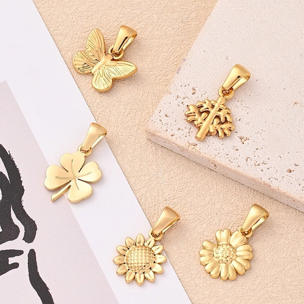 1 Pc/Package 12x15x2.5mm 15x12.5x2mm 16x13x2mm 6x3mm 304 Stainless Steel 18K Gold Plated Sunflower Four Leaf Clover Daisy Polished Jewelry Accessories Pendant