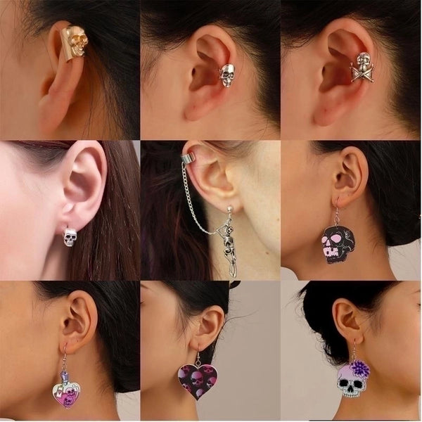 1 Piece 1 Pair Halloween Retro Funny Streetwear Heart Shape Skull Plating Arylic Copper Drop Earrings Ear Clips Ear Studs