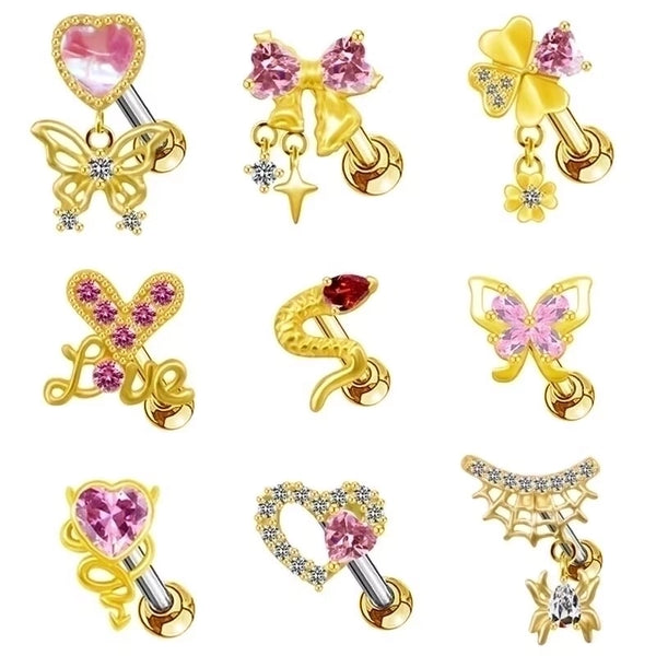 1 Piece Casual Elegant Tropical Heart Shape Bow Knot Rhinestone Plating Inlay Stainless Steel Rhinestones Zircon Gold Plated Cartilage Earrings