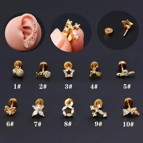 1 Piece Ear Cartilage Rings & Studs Classic Style Cross Snake Stainless Steel Copper Plating Inlay Zircon 18K Gold Plated Ear Cartilage Rings & Studs