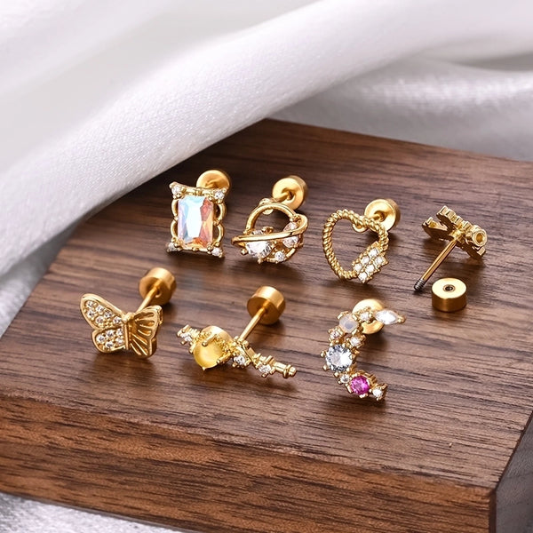 1 Piece Ear Cartilage Rings & Studs Ethnic Style Classic Style Heart Shape Butterfly Copper Polishing Inlay Zircon 18K Gold Plated Ear Cartilage Rings & Studs