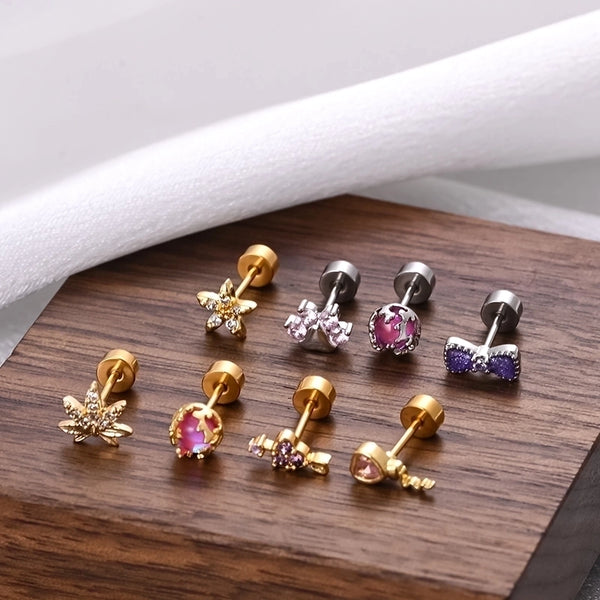 1 Piece Ear Cartilage Rings & Studs Ethnic Style Classic Style Star Leaves Heart Shape 304 Stainless Steel Copper Polishing Inlay Diamond 18K Gold Plated Ear Cartilage Rings & Studs