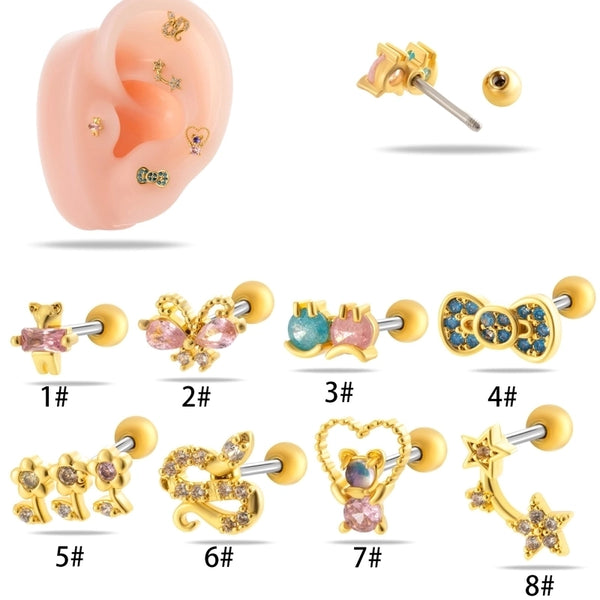 1 Piece Ear Cartilage Rings & Studs IG Style French Style Flower Snake Bow Knot Copper Inlay Zircon