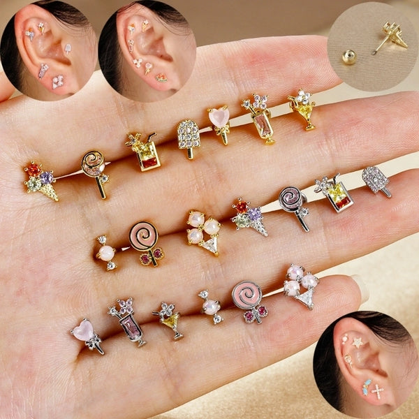 1 Piece Ear Cartilage Rings & Studs IG Style Ice Cream Heart Shape Candy 304 Stainless Steel Inlay Zircon 18K Gold Plated Ear Cartilage Rings & Studs