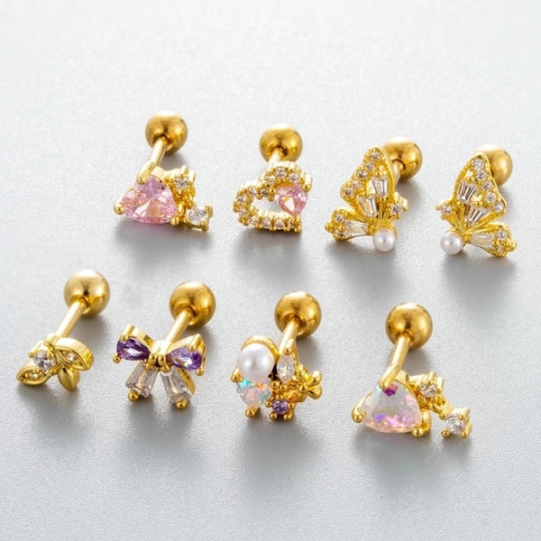 1 Piece Ear Cartilage Rings & Studs Princess Cute Sweet Heart Shape Butterfly Bow Knot 316L Stainless Steel  Copper Inlay Zircon Ear Cartilage Rings & Studs