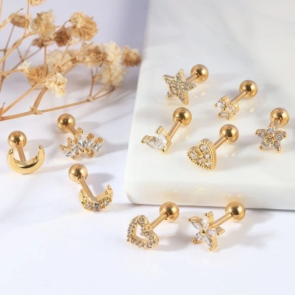 1 Piece IG Style Minimalist Moon Heart Shape Flower Inlay 304 Stainless Steel Zircon Ear Studs