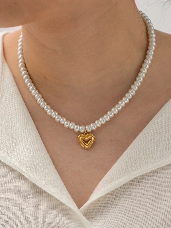 1 Piece Ins Style Heart Shape Stainless Steel Freshwater Pearl Beaded Plating Pendant Necklace