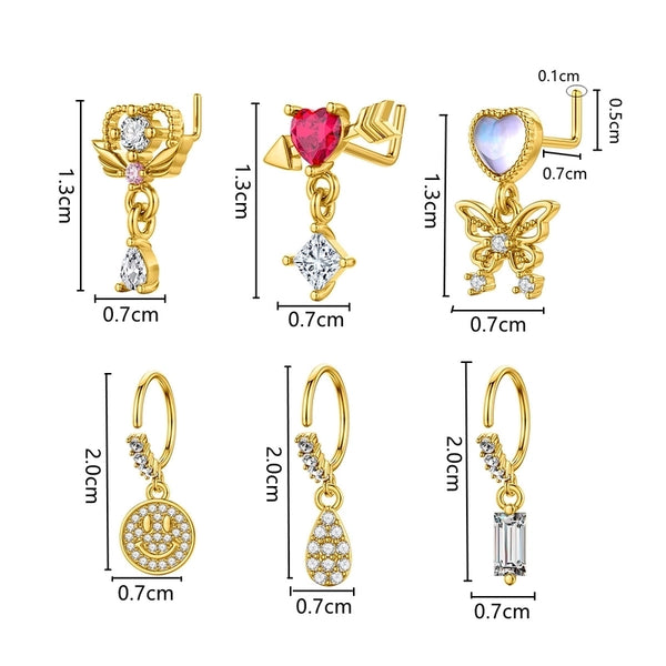 1 Piece Nose Rings & Studs Retro Minimalist Smile Face Heart Shape Butterfly Copper Plating Inlay Zircon Nose Rings & Studs