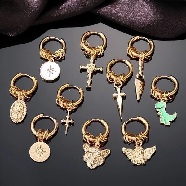 1 Piece Punk Cool Style Animal Cross Snake Stainless Steel Enamel Plating Inlay Zircon Dangling Earrings