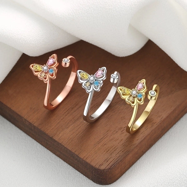 1 Piece Retro Butterfly Copper Inlay Zircon Open Ring