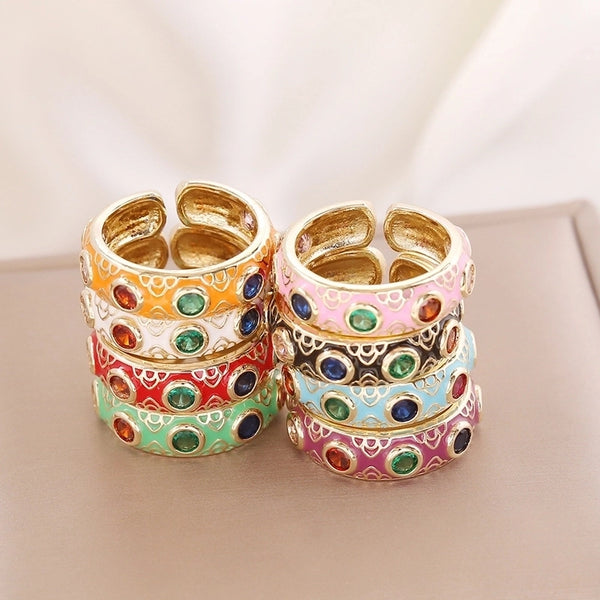 1 Piece Retro Round Copper Enamel Inlay Zircon Open Ring