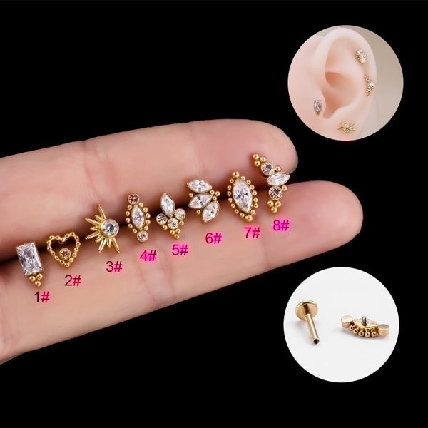 1 Piece Ear Cartilage Rings & Studs Minimalist Heart Shape Crown Eye Pure Titanium Inlaid Zircon