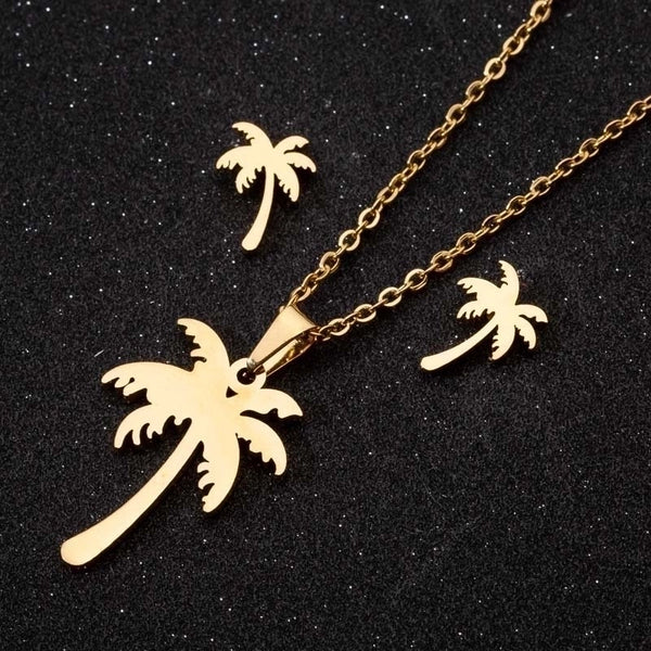 1 Set Fashion Coconut Tree Titanium Steel Earrings Necklace