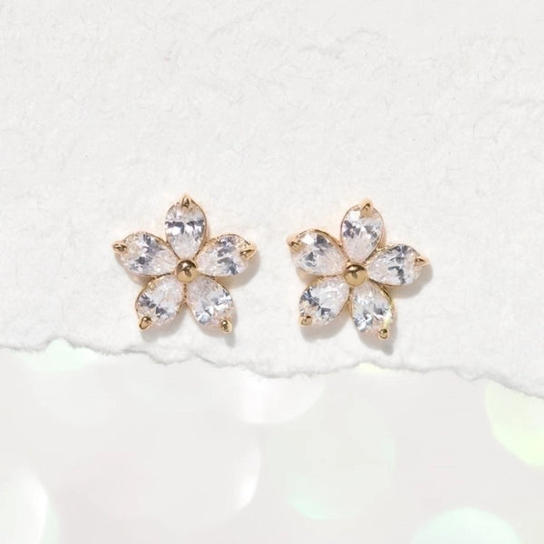 1 Pair 18K Gold Plated Sterling Silver Zircon Flower Ear Studs