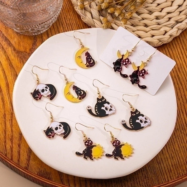 1 Pair Cartoon Style Funny Cat Skull Enamel Plating Alloy Earrings