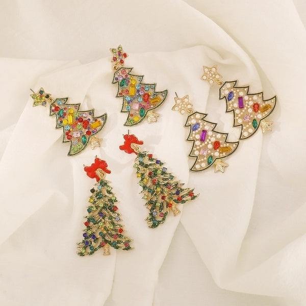 1 Pair Cute Shiny Christmas Tree Inlay Alloy Artificial Rhinestones Drop Earrings