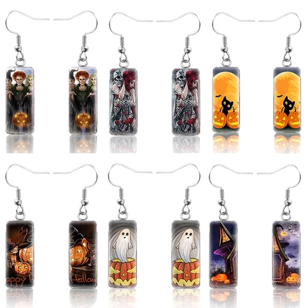 1 Pair Hip-hop Punk Pumpkin Ghost Bat Inlay Stainless Steel Glass Drop Earrings