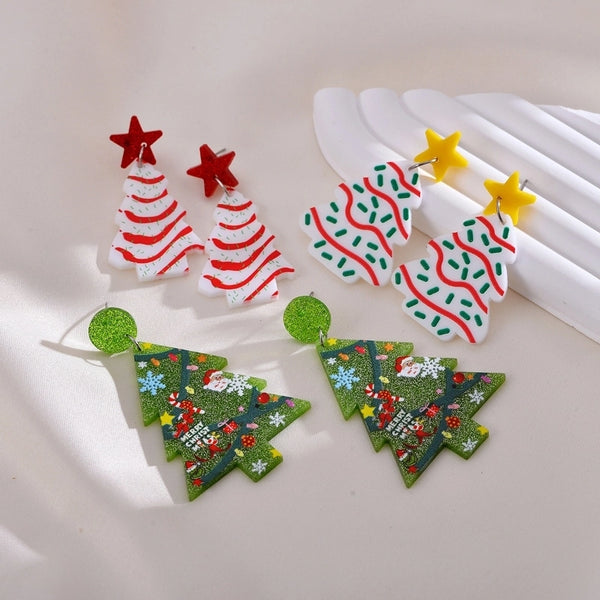 1 Pair Pastoral Christmas Tree Printing Arylic Drop Earrings