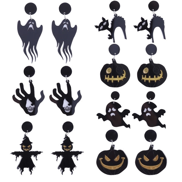 1 Pair Retro Punk Pumpkin Bat Ghost Printing Arylic Drop Earrings