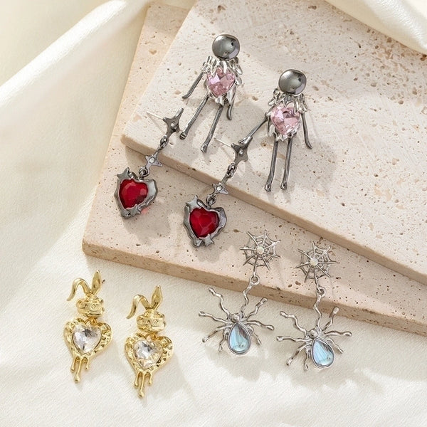 1 Pair Streetwear Heart Shape Spider Inlay Alloy Artificial Gemstones Drop Earrings