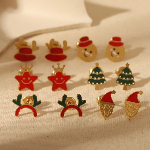 1 Pair Sweet Simple Style Christmas Tree Santa Claus Enamel 304 Stainless Steel 14K Gold Plated Ear Studs