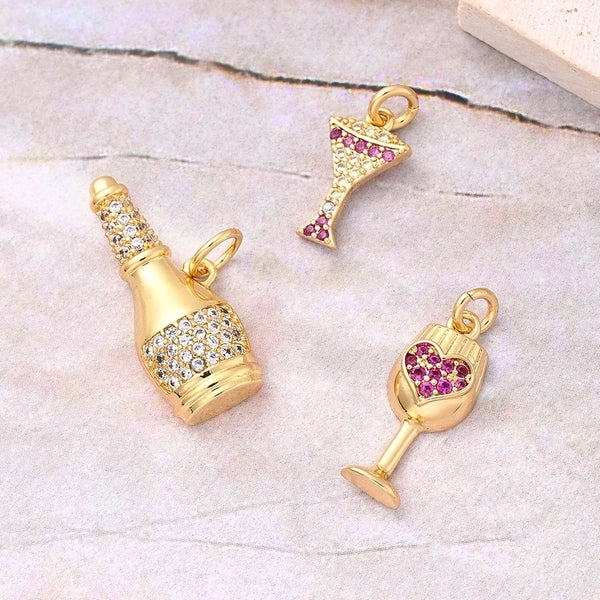 1 Pc/Package 11.5x20.5x4.5mm 12x7x1.5mm 16x7x3mm Hole 2~2.9mm Hole 3~3.9mm Copper Zircon 18K Gold Plated Cup Wine Glass Wine Bottle Polished Pendant