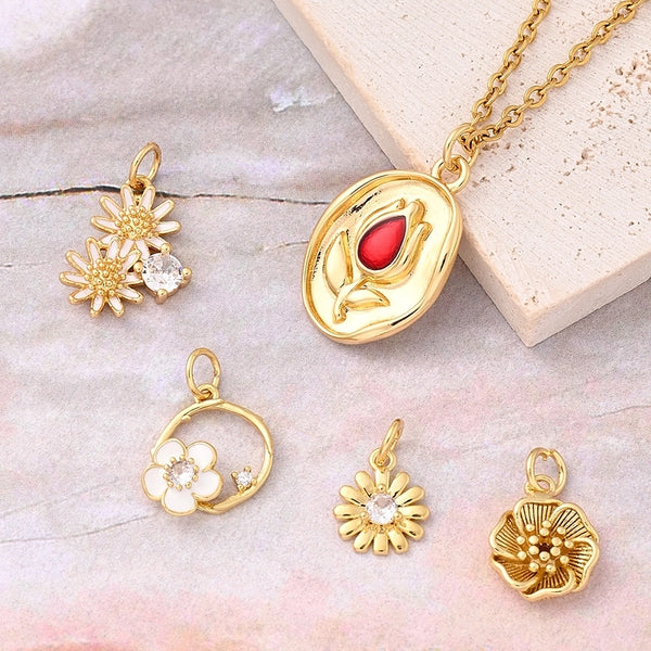 1 Pc/Package 11x9x3mm 13x10.5x3mm 14x13x3.5mm Hole 3~3.9mm Copper Zircon 18K Gold Plated Round Flower Daisy Polished Pendant