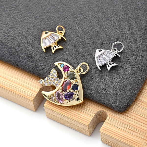 1 Pc/Package 12x11.5mm 18.5x19.5mm Hole 3~3.9mm Copper Zircon White Gold Plated Gold Plated Fish Polished Pendant