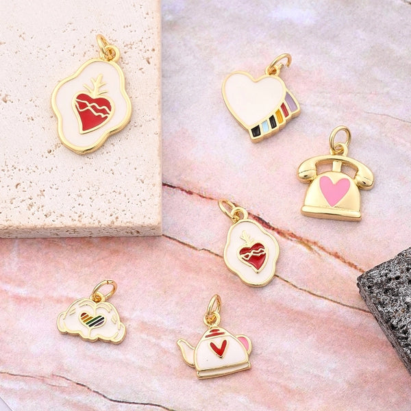 1 Pc/Package 12x13mm 15x10mm 9x12mm Hole 3~3.9mm Copper 18K Gold Plated Heart Shape Phone Teapot Polished Pendant