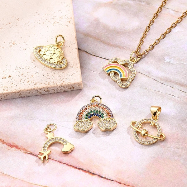 1 Pc/Package 13x17mm 14x15mm 15x16mm Hole 3~3.9mm 4.5x3.5mm Copper Zircon 18K Gold Plated Clouds Rainbow Planet Polished Pendant