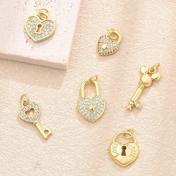 1 Pc/Package 14.5x12mm 18x11mm 18x9mm Hole 3~3.9mm Copper Zircon 18K Gold Plated Heart Shape Key Lock Polished Pendant