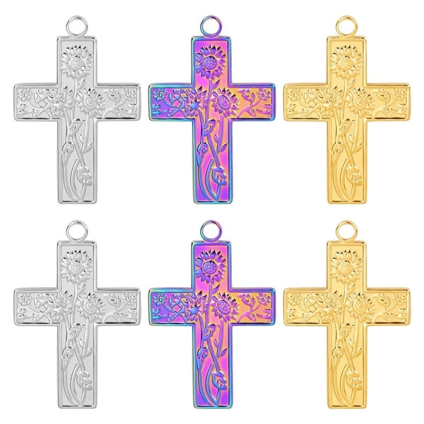 1 Piece 23*35mm Hole 3~3.9mm 304 Stainless Steel 18K Gold Plated Cross Sunflower Pendant