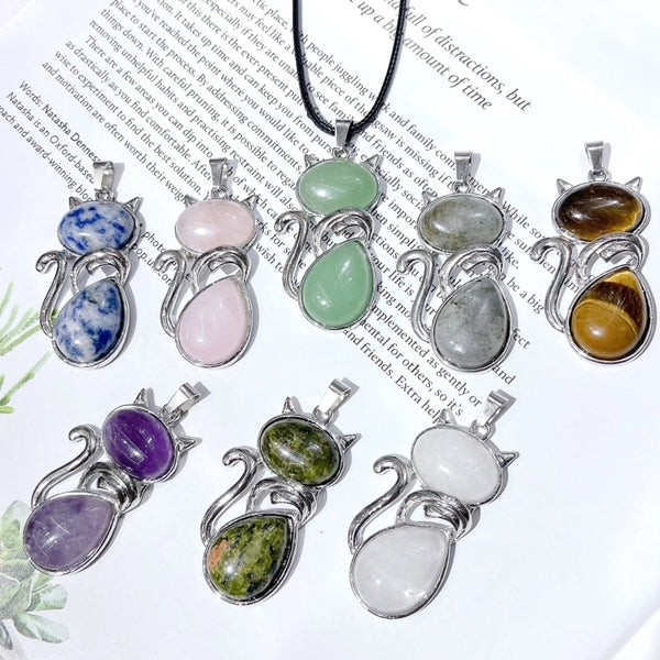 1 Piece 25*45MM Alloy Natural Stone Crystal Cat Pendant