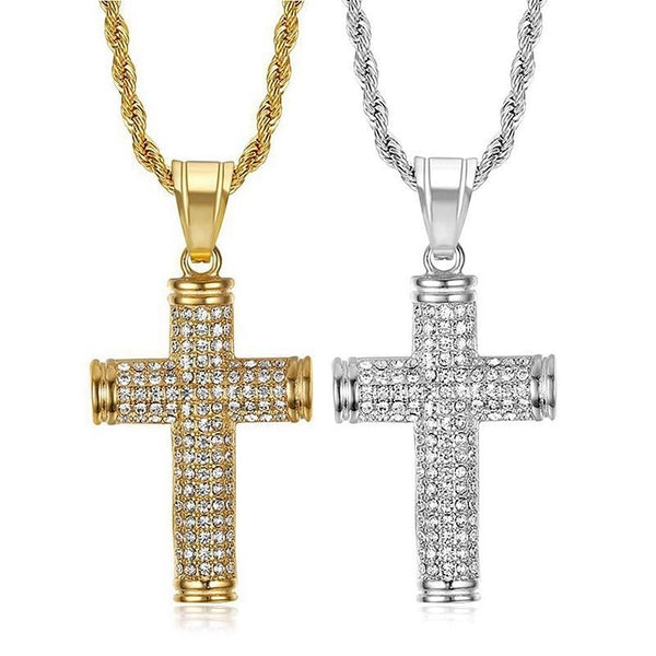 1 Piece 27*54mm Titanium Steel Zircon Cross Pendant Chain